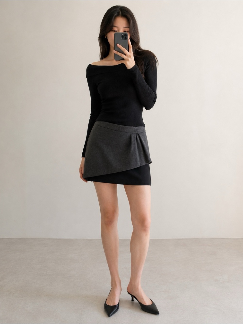 Maje Asymmetrical Gray Black Mini Skirt xs